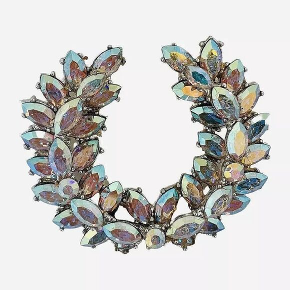 VTG Aurora Borealis Laurel Wreath Brooch 2.5" Silver Tone Sparkle - Picture 13 of 14